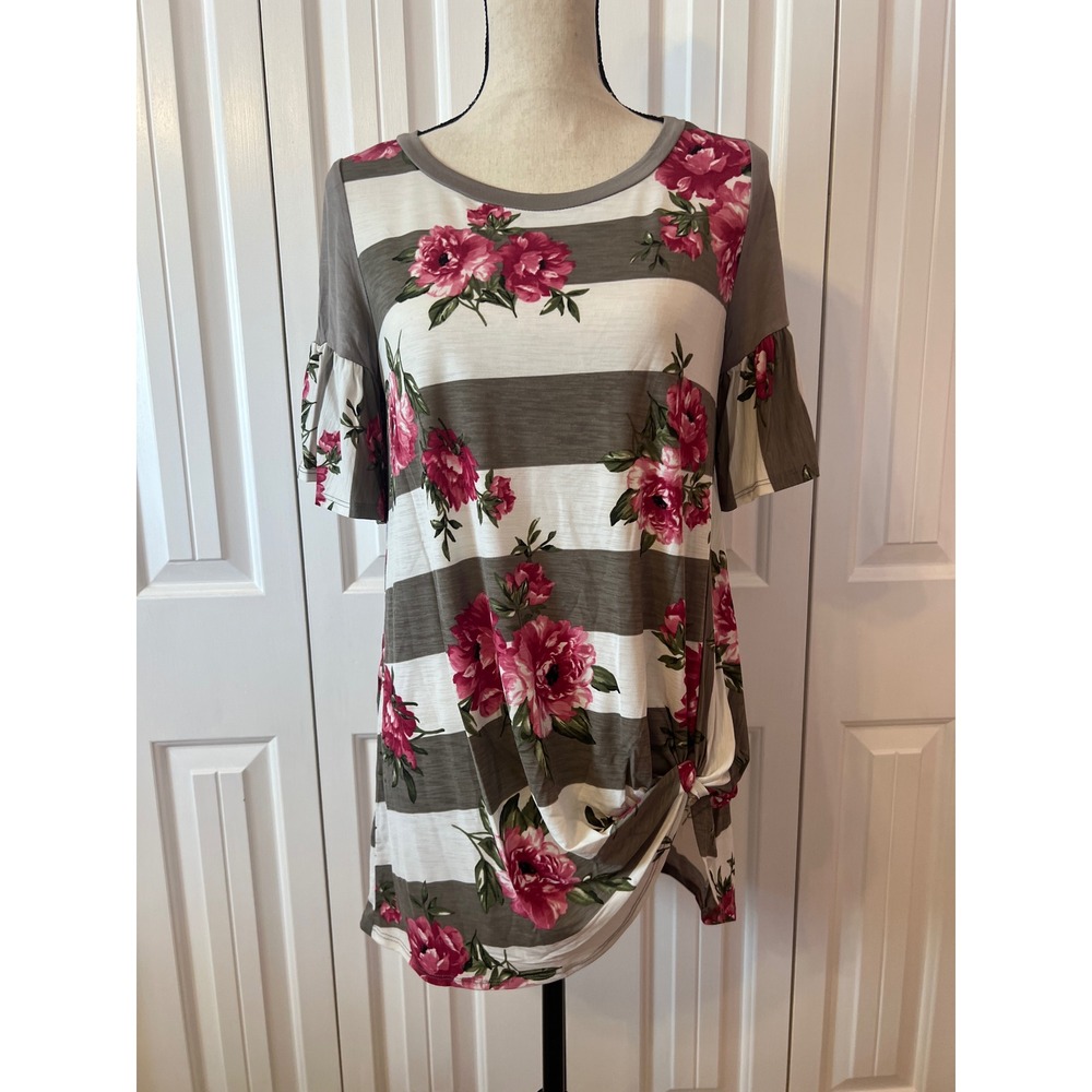 Emerald Floral Stripe Side Knot Tunic Top Pink Green Bell Sleeve ETK-7111 Small